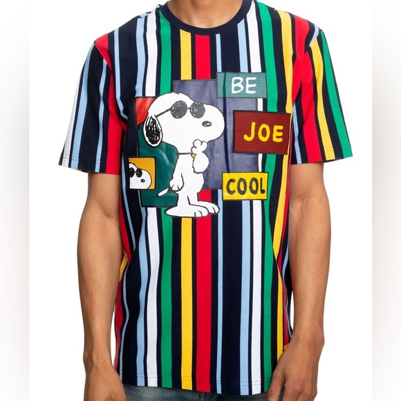 Vintage Peanuts Snoopy ‘BE JOE COOL’ Men’s Striped Short Sleeve T-Shirt Size L - Picture 1 of 9